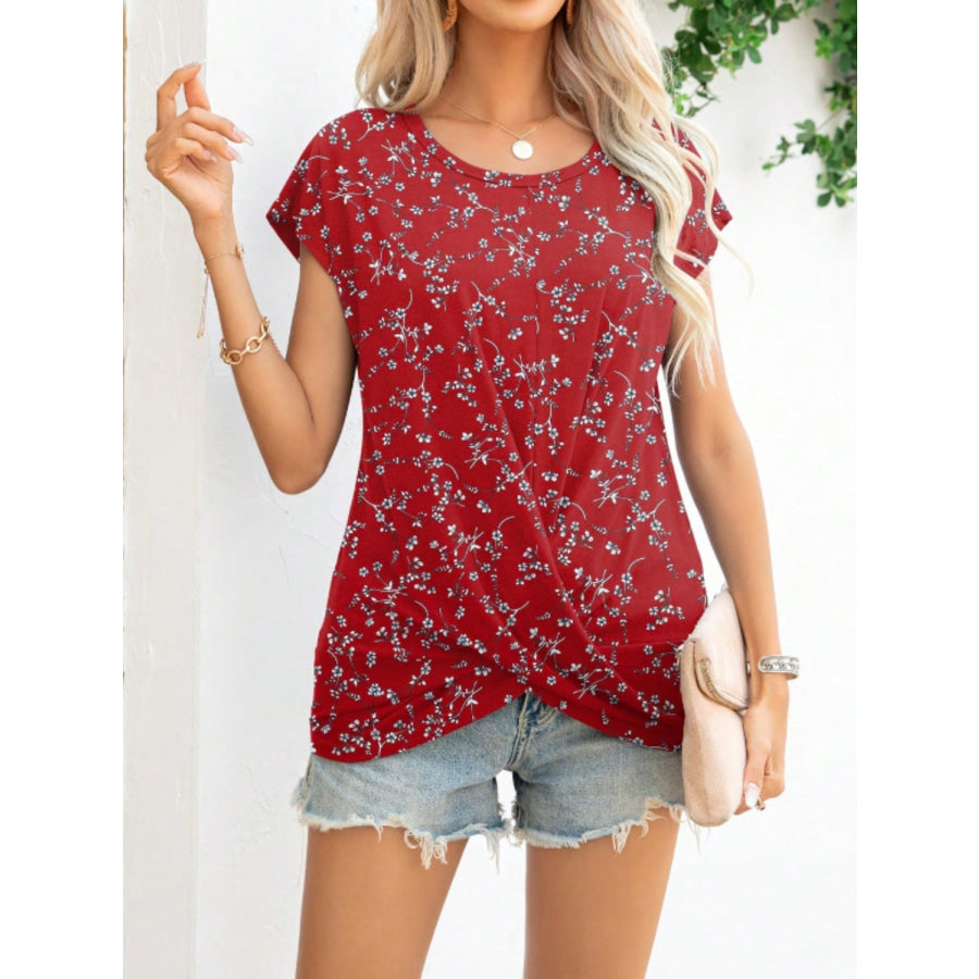 Printed Round Neck Short Sleeve T-Shirt Deep Red / S Apparel and Accessories