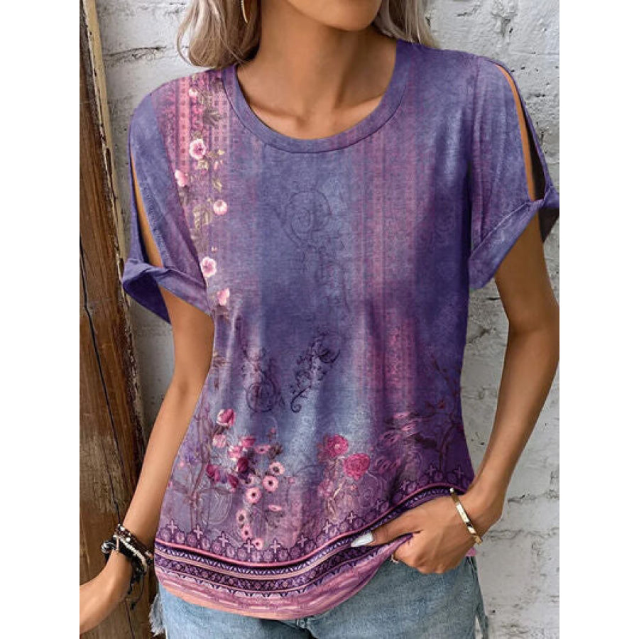 Printed Round Neck Short Sleeve T - Shirt Dusty Purple / S Apparel and Accessories