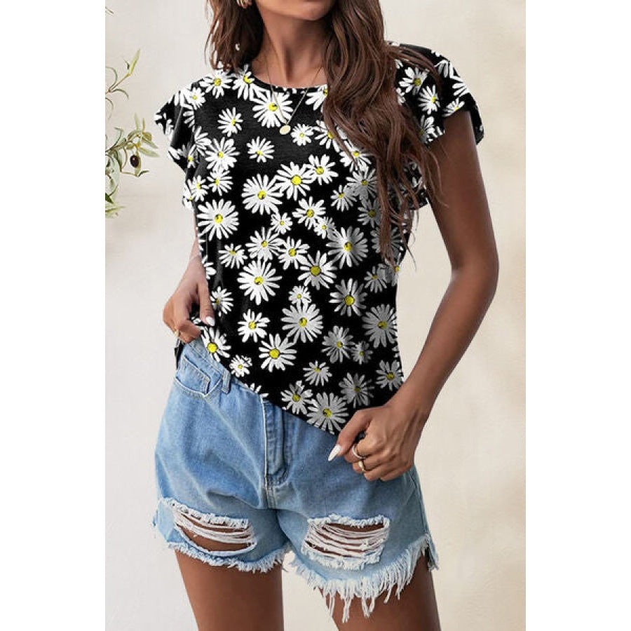 Printed Round Neck Short Sleeve T-Shirt Floral / S Apparel and Accessories