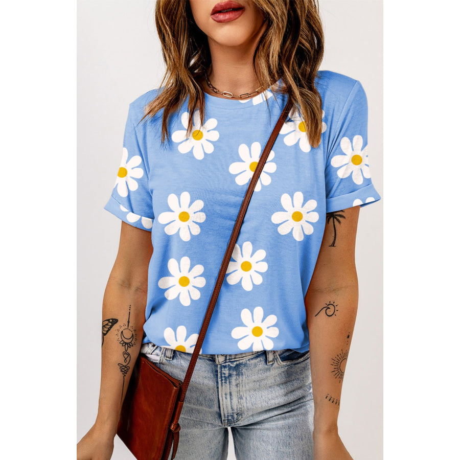 Printed Round Neck Short Sleeve T-Shirt Light Blue / L Apparel and Accessories