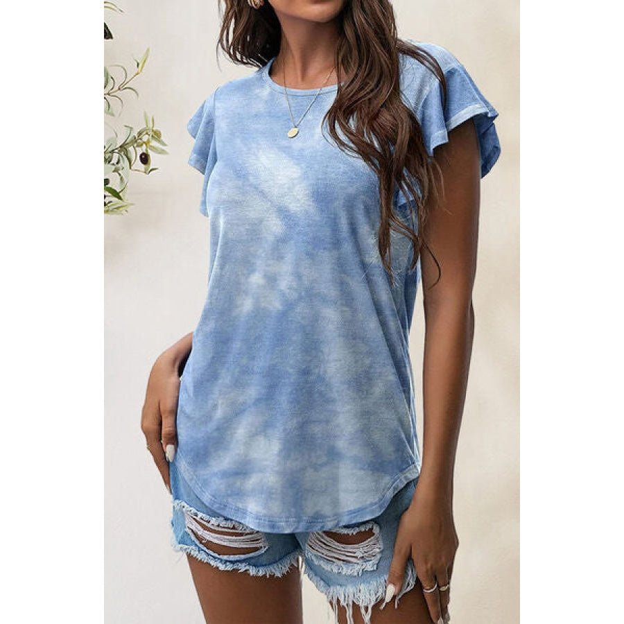 Printed Round Neck Short Sleeve T-Shirt Misty Blue / S Apparel and Accessories