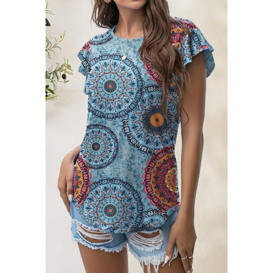 Printed Round Neck Short Sleeve T-Shirt Misty Blue / S Apparel and Accessories