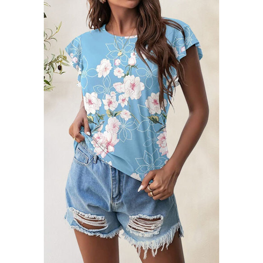 Printed Round Neck Short Sleeve T-Shirt Pastel Blue / S Apparel and Accessories