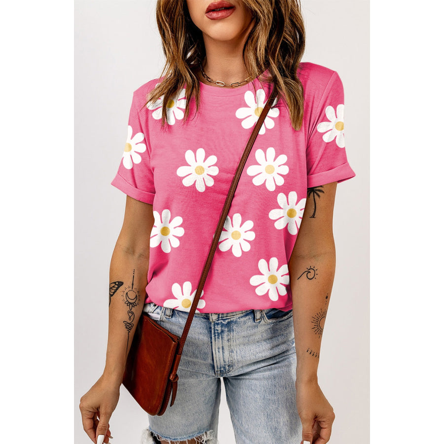 Printed Round Neck Short Sleeve T-Shirt Pink / S Apparel and Accessories