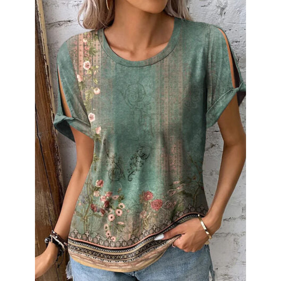 Printed Round Neck Short Sleeve T - Shirt Sage / S Apparel and Accessories