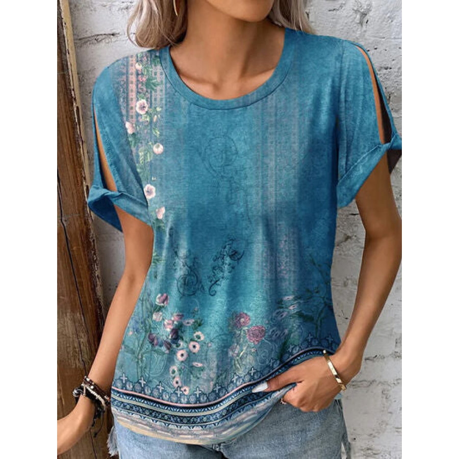 Printed Round Neck Short Sleeve T - Shirt Ultra marine / S Apparel and Accessories