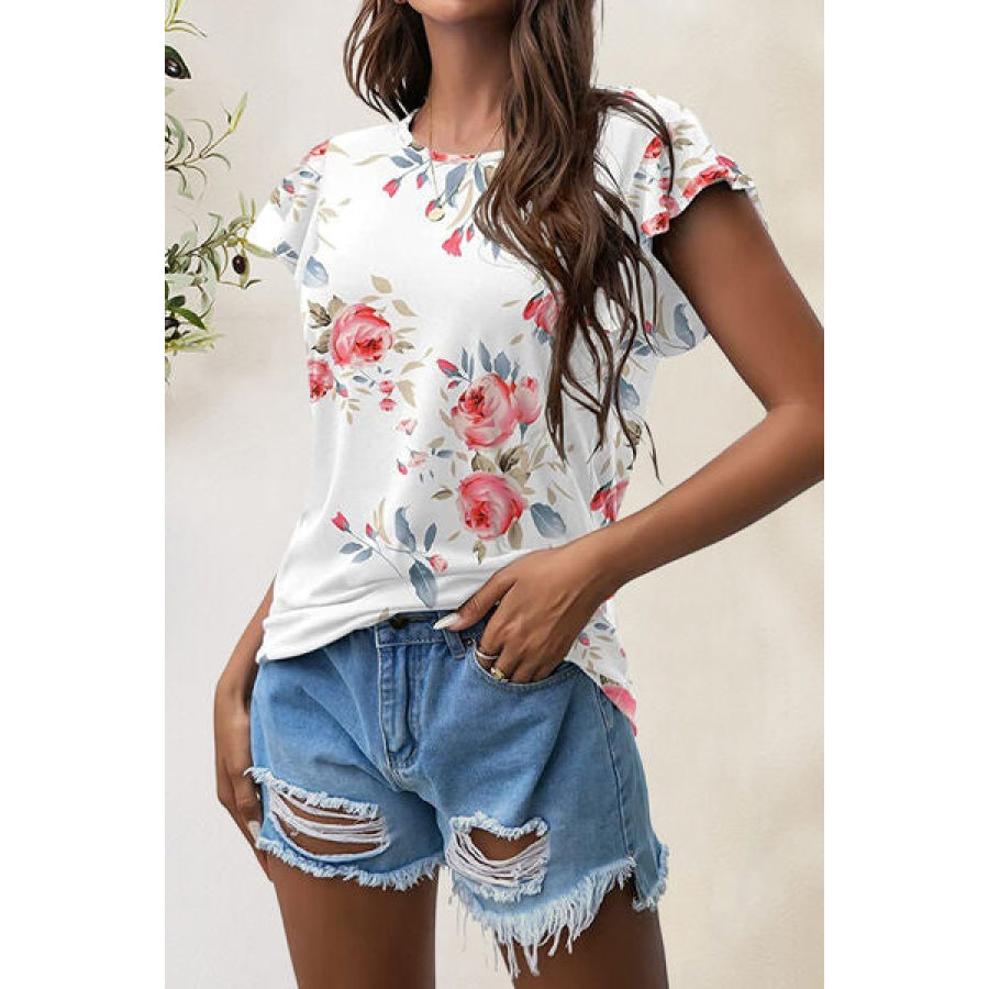 Printed Round Neck Short Sleeve T-Shirt White / S Apparel and Accessories