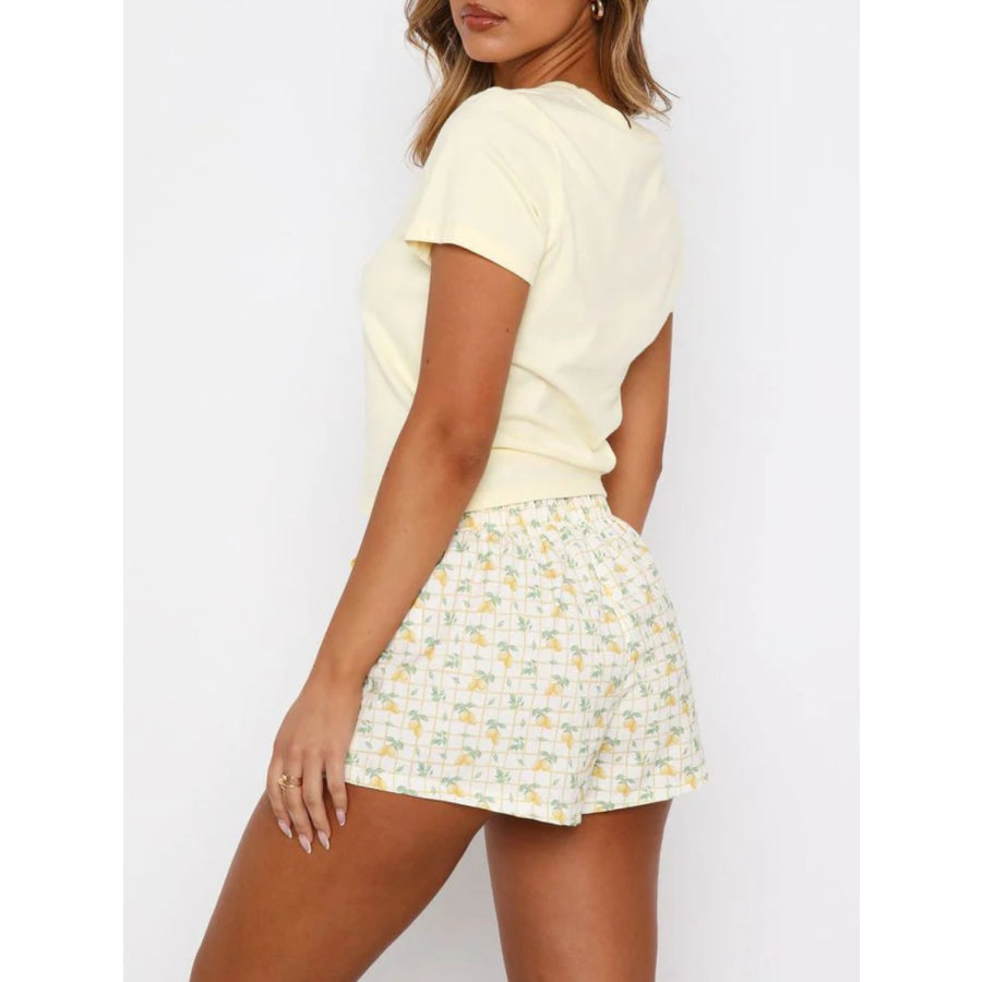 Printed Round Neck Short Sleeve Top and Drawstring Shorts Set Apparel and Accessories