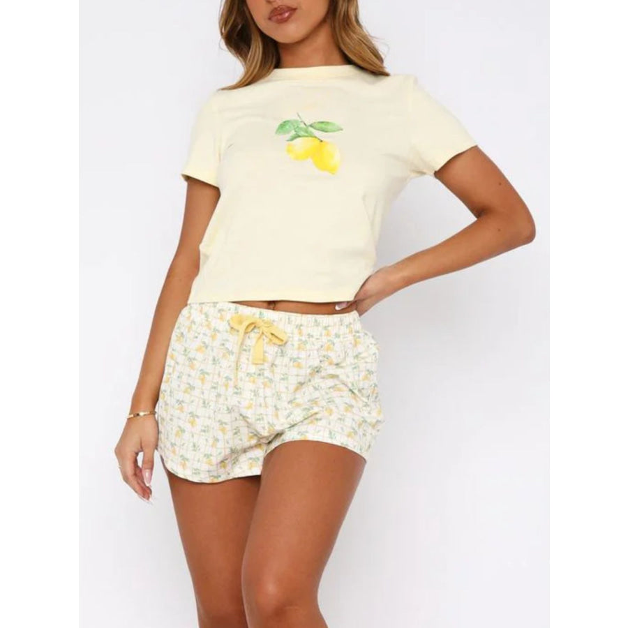 Printed Round Neck Short Sleeve Top and Drawstring Shorts Set Apparel and Accessories