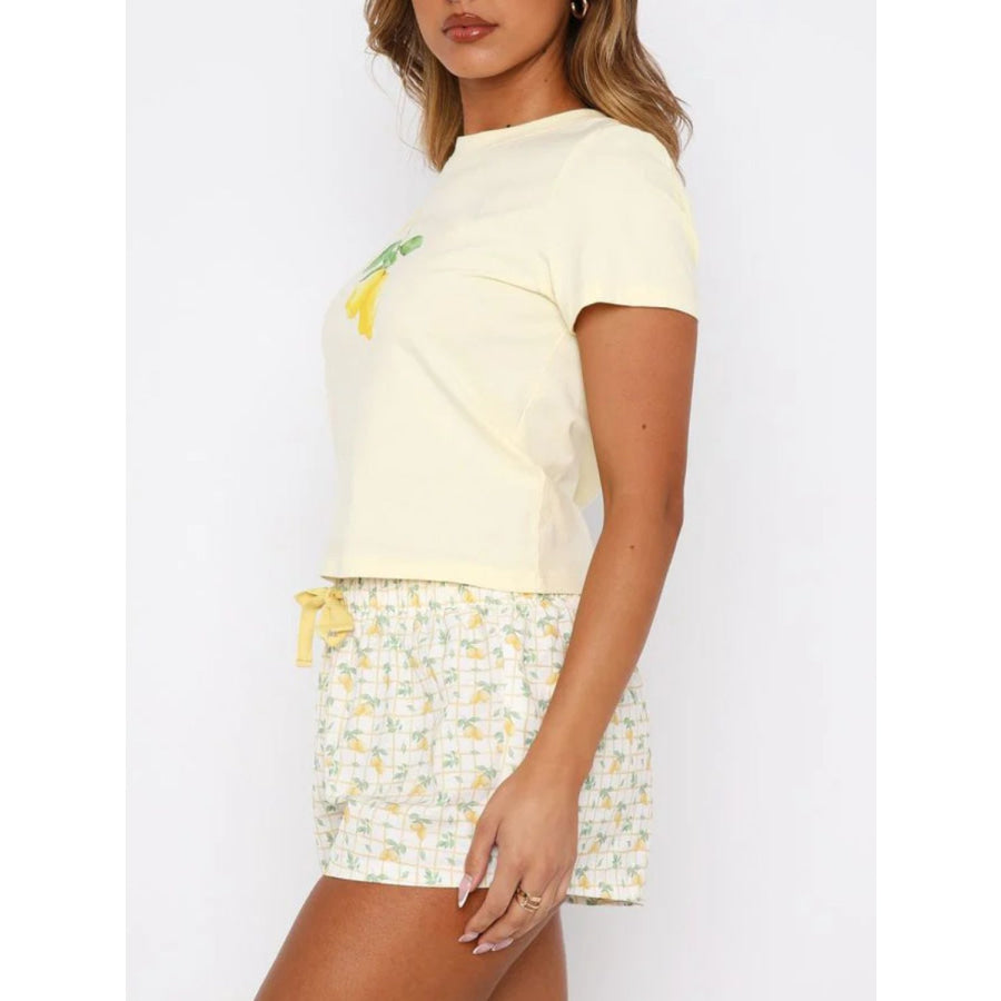 Printed Round Neck Short Sleeve Top and Drawstring Shorts Set Apparel and Accessories