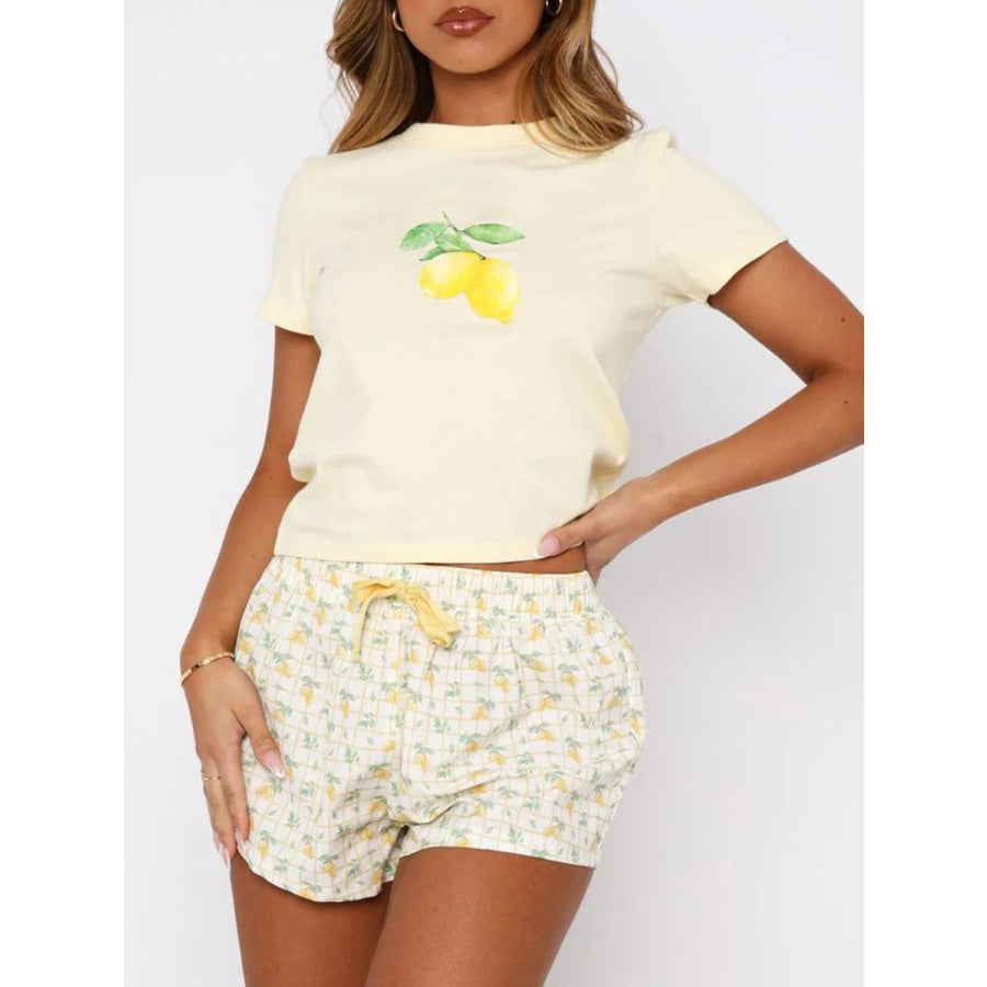 Printed Round Neck Short Sleeve Top and Drawstring Shorts Set Apparel and Accessories