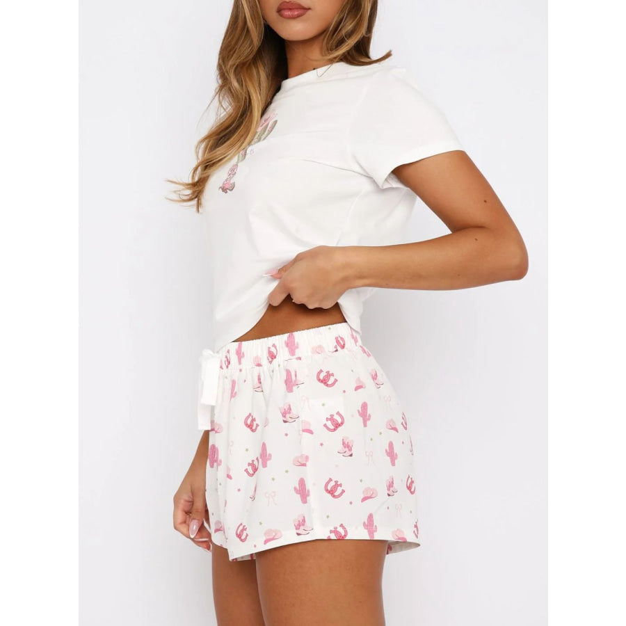 Printed Round Neck Short Sleeve Top and Drawstring Shorts Set Apparel and Accessories