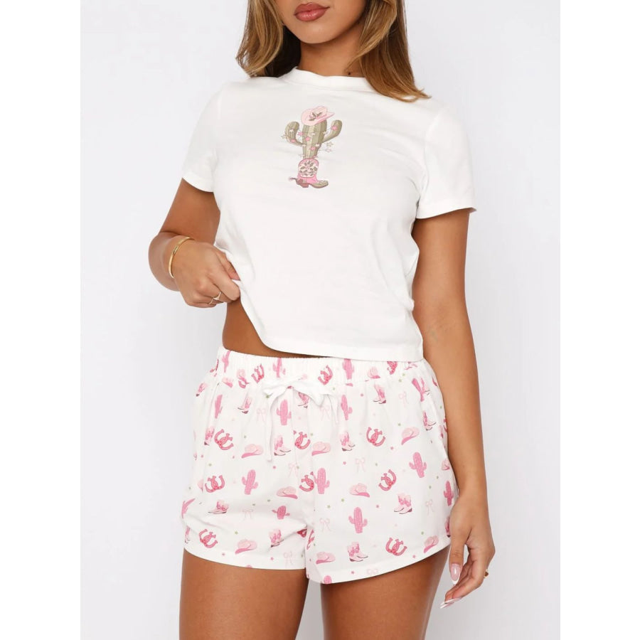 Printed Round Neck Short Sleeve Top and Drawstring Shorts Set Apparel and Accessories