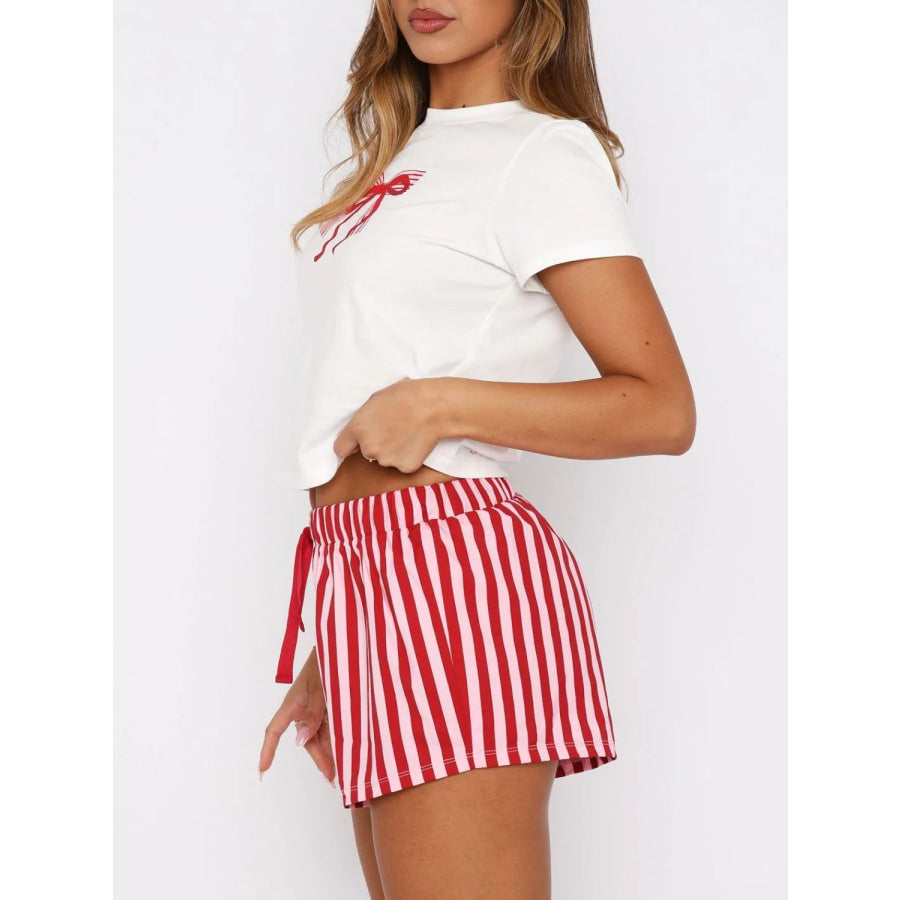 Printed Round Neck Short Sleeve Top and Drawstring Shorts Set Deep Red / S Apparel and Accessories