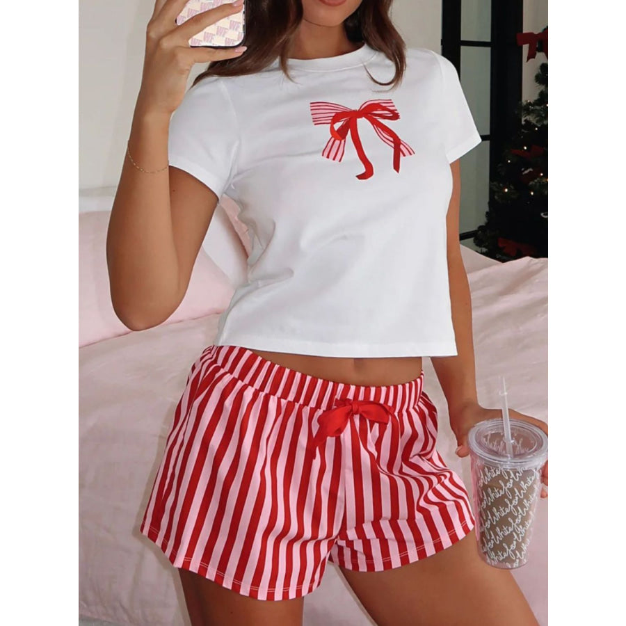 Printed Round Neck Short Sleeve Top and Drawstring Shorts Set Apparel and Accessories