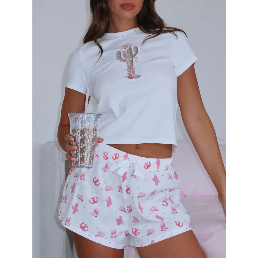 Printed Round Neck Short Sleeve Top and Drawstring Shorts Set Blush Pink / S Apparel and Accessories