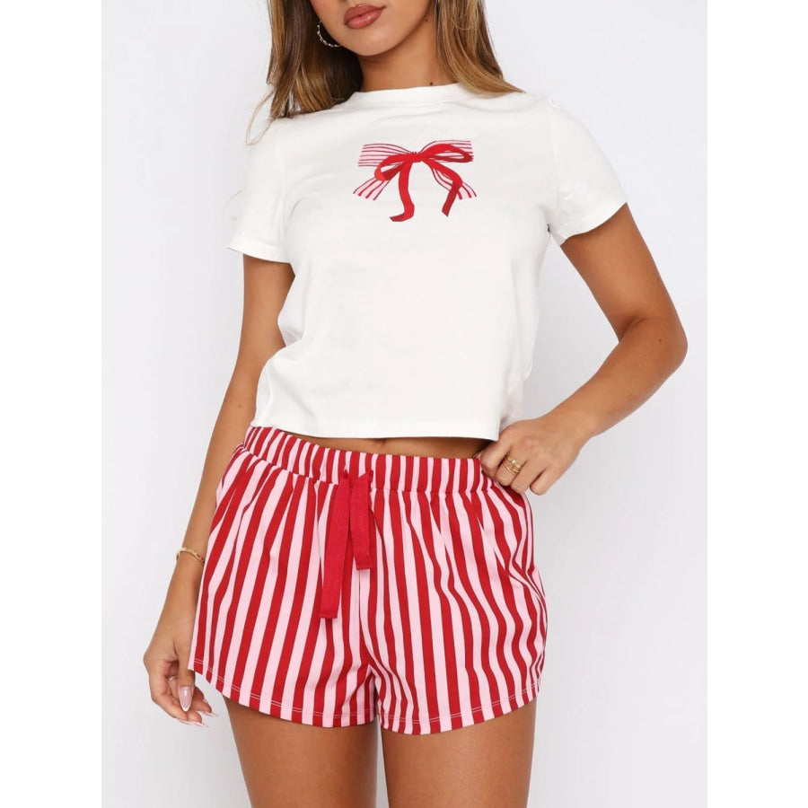 Printed Round Neck Short Sleeve Top and Drawstring Shorts Set Deep Red / S Apparel and Accessories