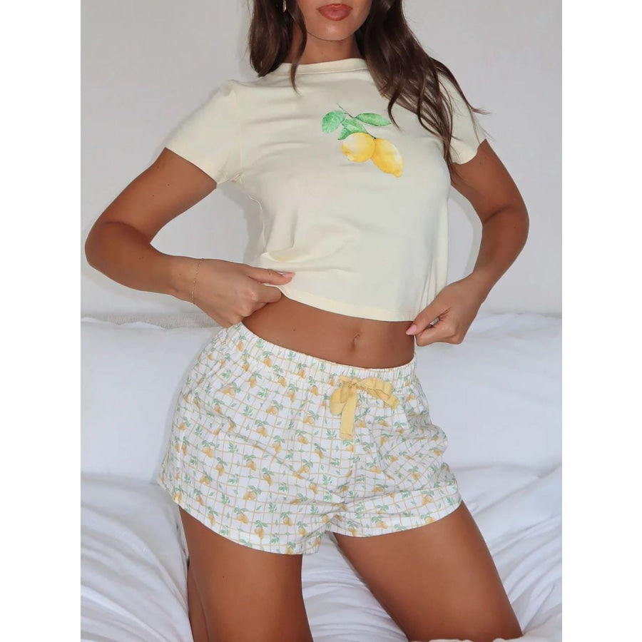 Printed Round Neck Short Sleeve Top and Drawstring Shorts Set Pastel Yellow / S Apparel and Accessories