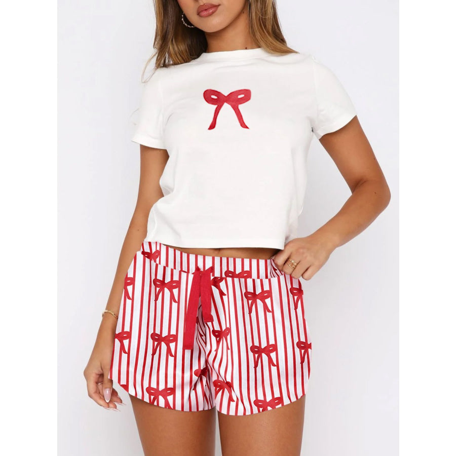 Printed Round Neck Short Sleeve Top and Drawstring Shorts Set White / S Apparel and Accessories