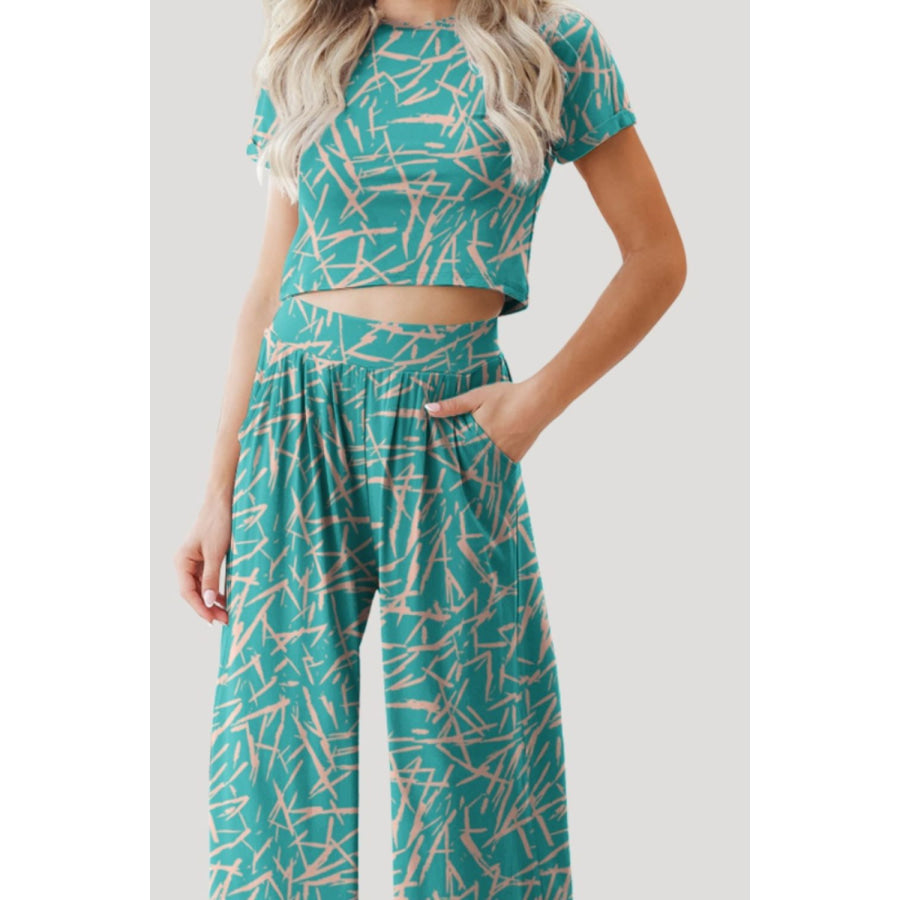 Printed Round Neck Short Sleeve Top and Pants Set Apparel and Accessories
