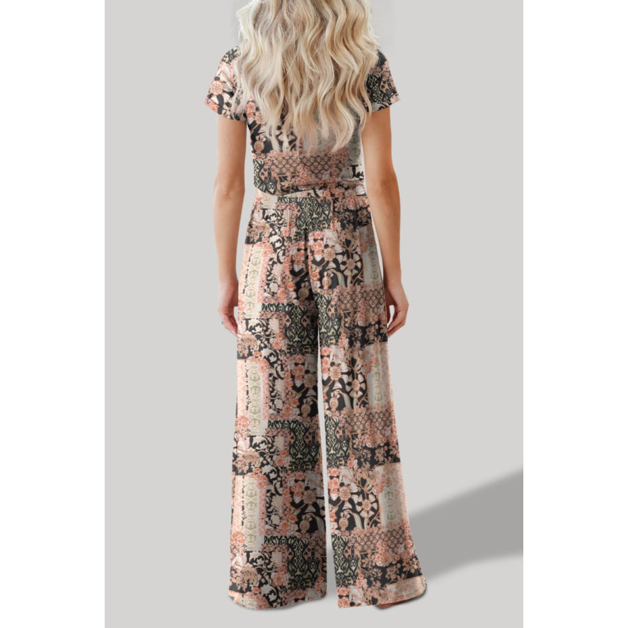 Printed Round Neck Short Sleeve Top and Pants Set Apparel and Accessories