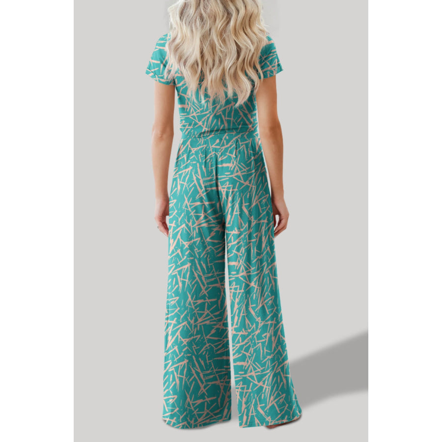 Printed Round Neck Short Sleeve Top and Pants Set Teal / S Apparel and Accessories