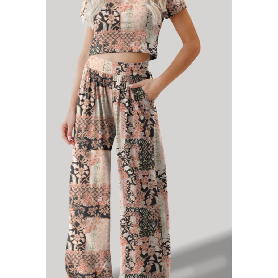 Printed Round Neck Short Sleeve Top and Pants Set Apparel and Accessories
