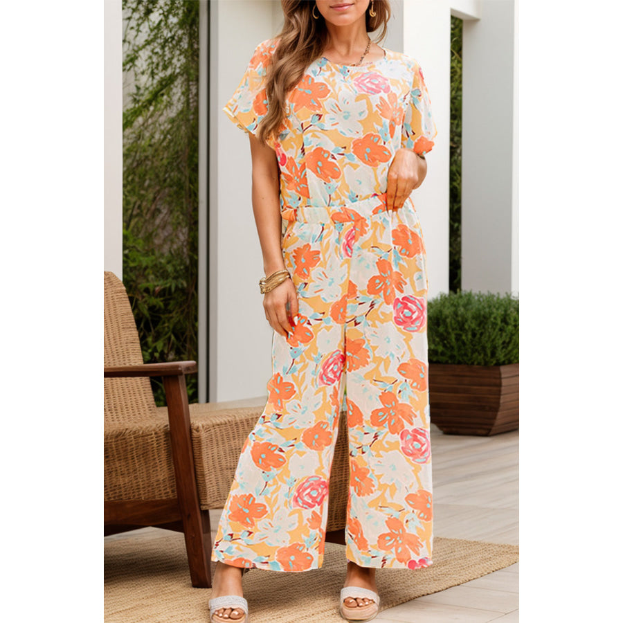 Printed Round Neck Short Sleeve Top and Pants Set Floral / S Apparel and Accessories