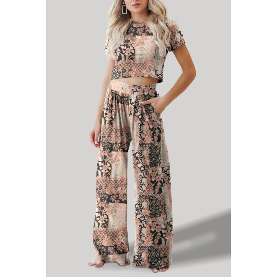 Printed Round Neck Short Sleeve Top and Pants Set Multicolor / S Apparel and Accessories