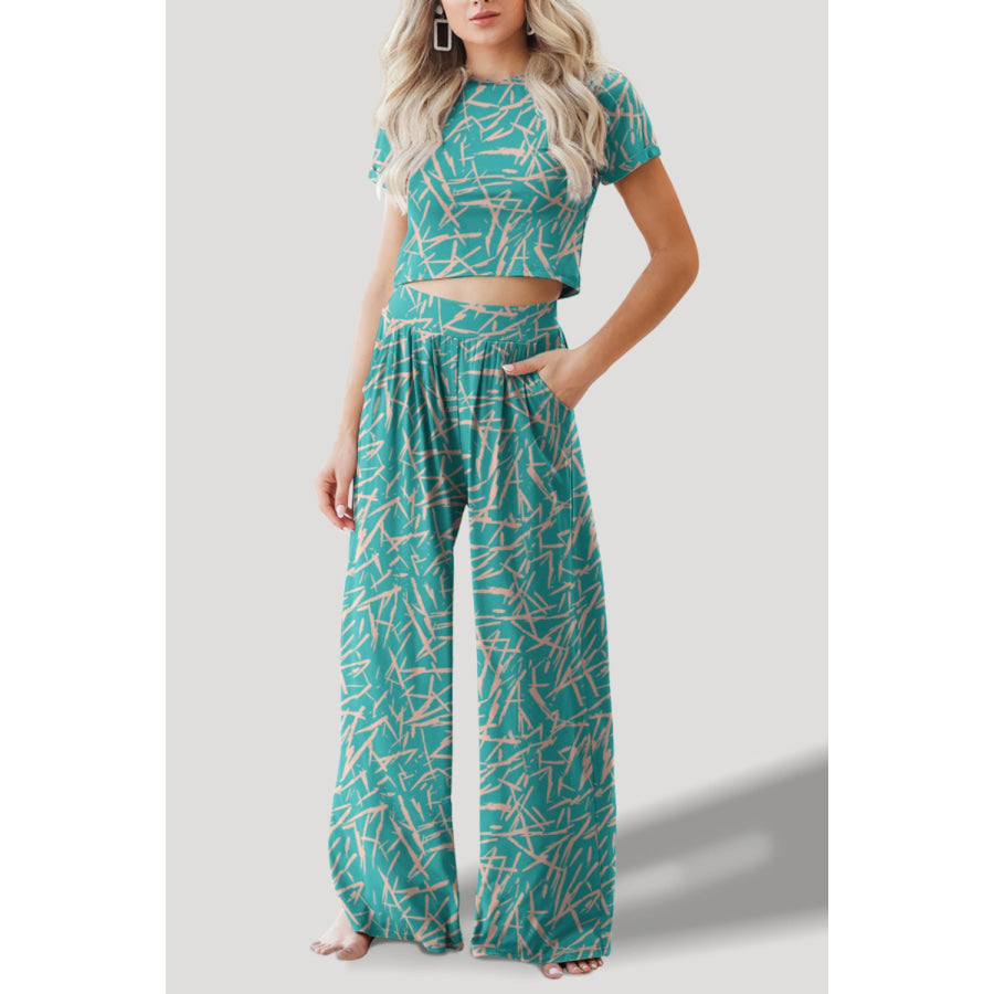 Printed Round Neck Short Sleeve Top and Pants Set Teal / S Apparel and Accessories
