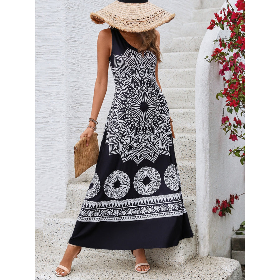 Printed Round Neck Sleeveless Dress Apparel and Accessories