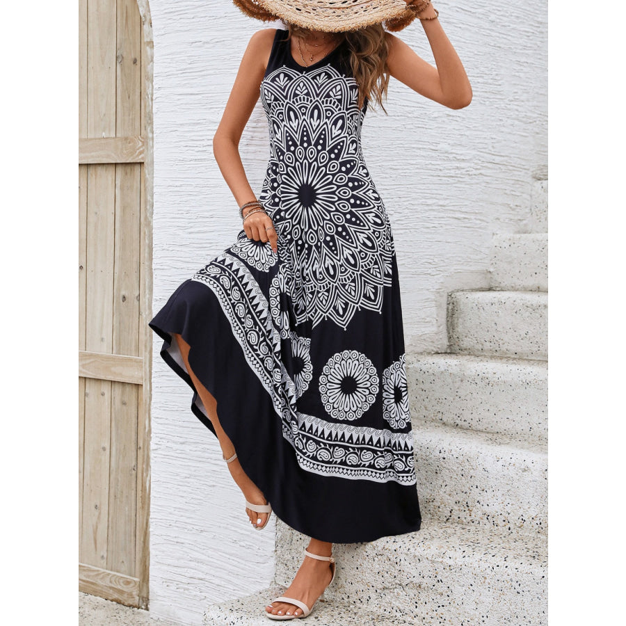 Printed Round Neck Sleeveless Dress Apparel and Accessories