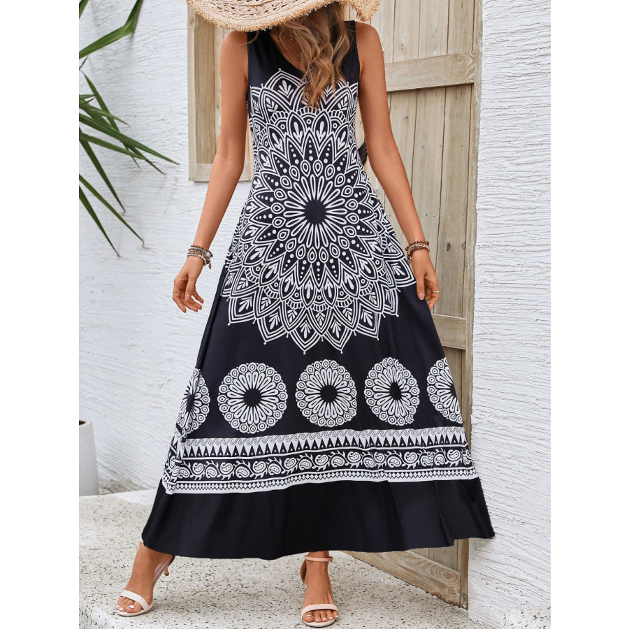 Printed Round Neck Sleeveless Dress Black / S Apparel and Accessories