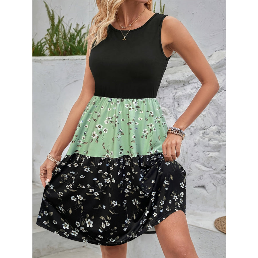 Printed Round Neck Sleeveless Dress Black / S Apparel and Accessories