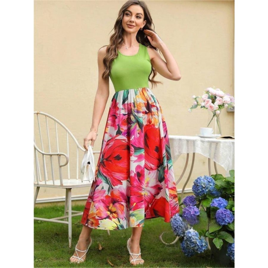 Printed Round Neck Sleeveless Dress Floral / S Apparel and Accessories