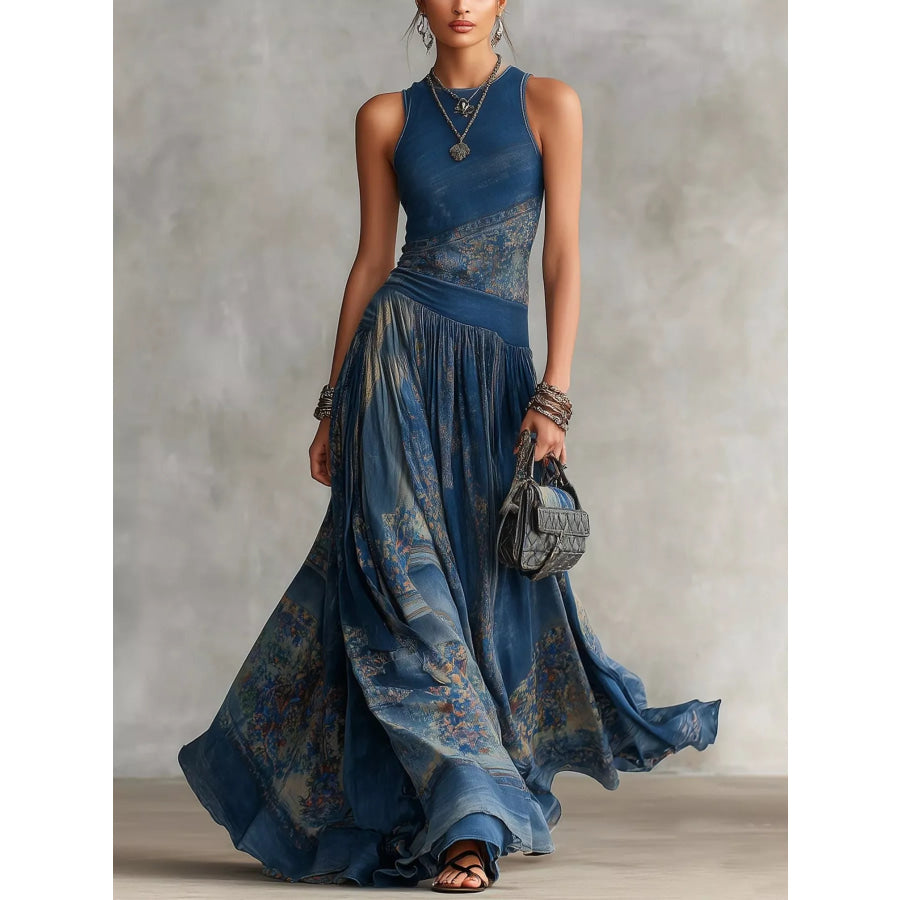 Printed Round Neck Sleeveless Maxi Dress Dusty Blue / S Apparel and Accessories