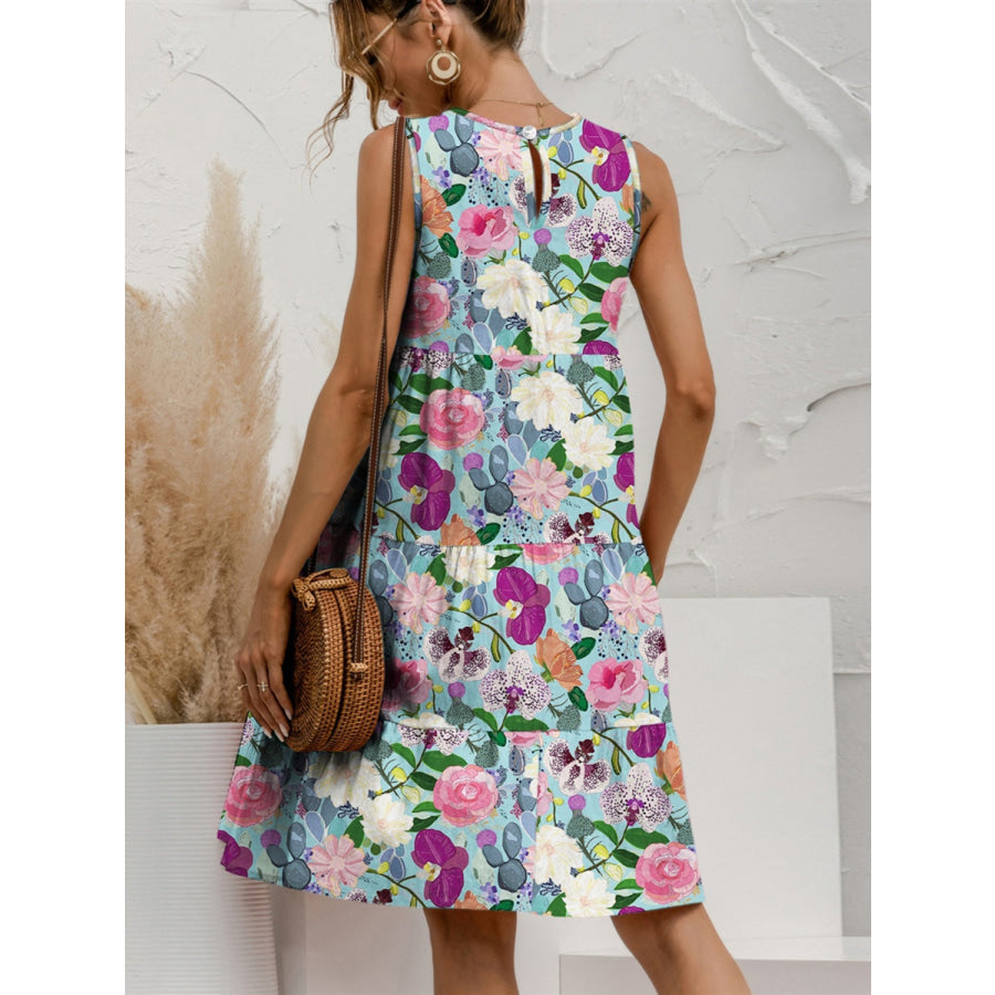 Printed Round Neck Sleeveless Tiered Dress Apparel and Accessories