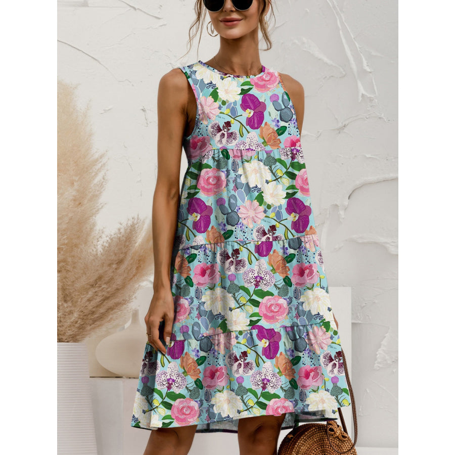 Printed Round Neck Sleeveless Tiered Dress Floral / S Apparel and Accessories