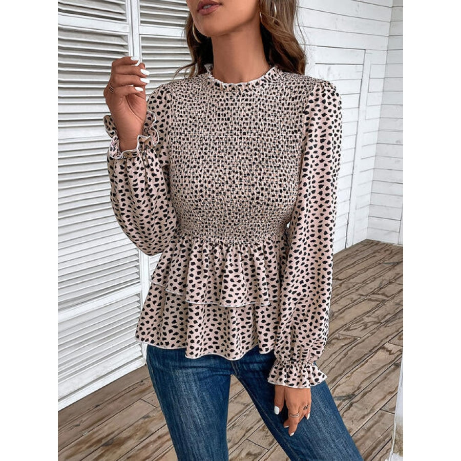 Printed Round Neck Smocked Flounce Sleeve T-Shirt Beige / S