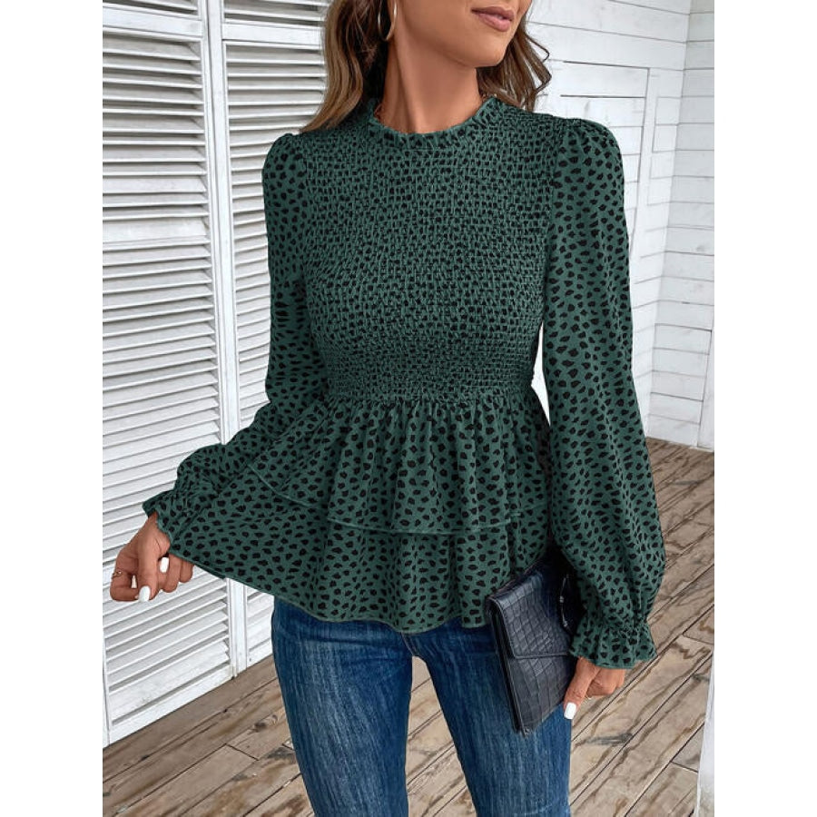 Printed Round Neck Smocked Flounce Sleeve T-Shirt Green / S