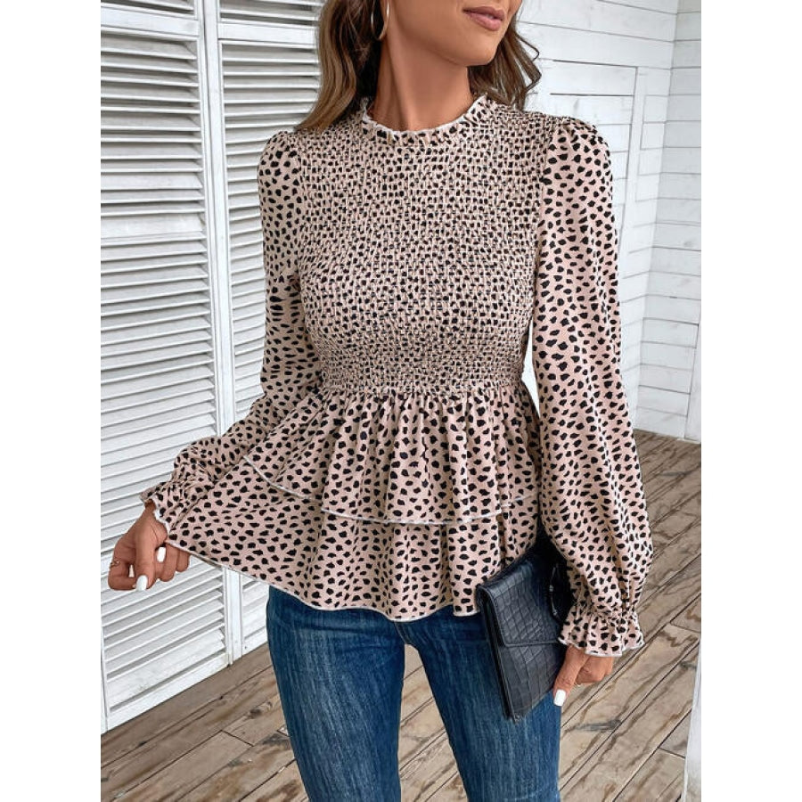 Printed Round Neck Smocked Flounce Sleeve T-Shirt