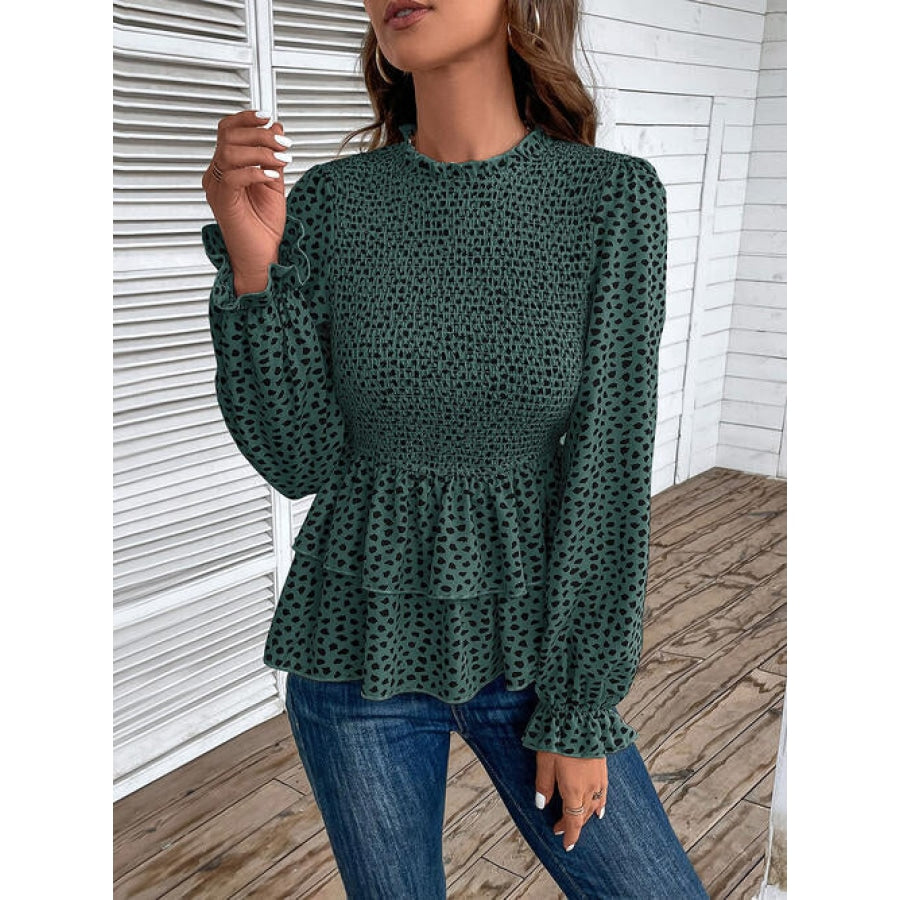 Printed Round Neck Smocked Flounce Sleeve T-Shirt