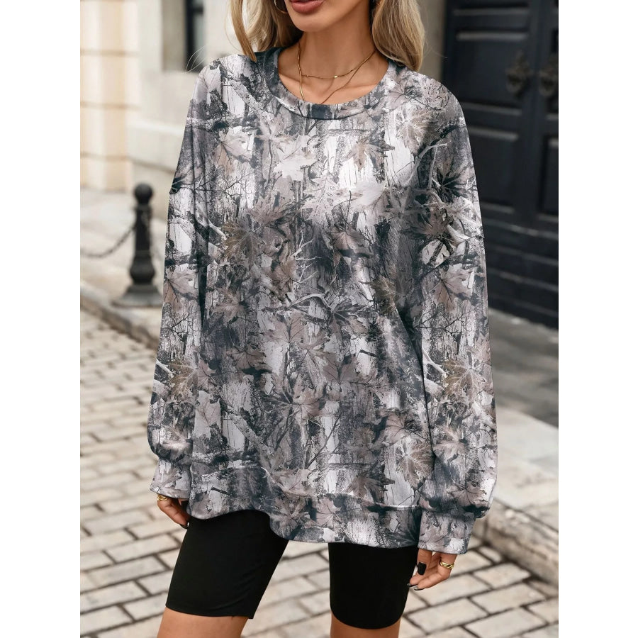 Printed Round Neck Sweatshirt Camouflage / S Apparel and Accessories
