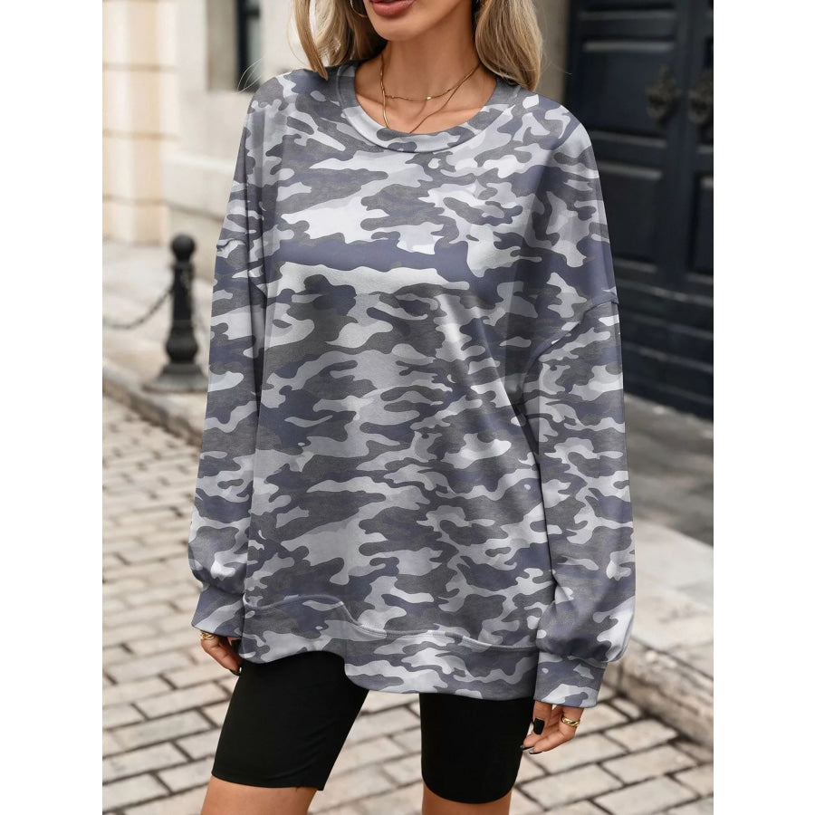 Printed Round Neck Sweatshirt Gray / S Apparel and Accessories