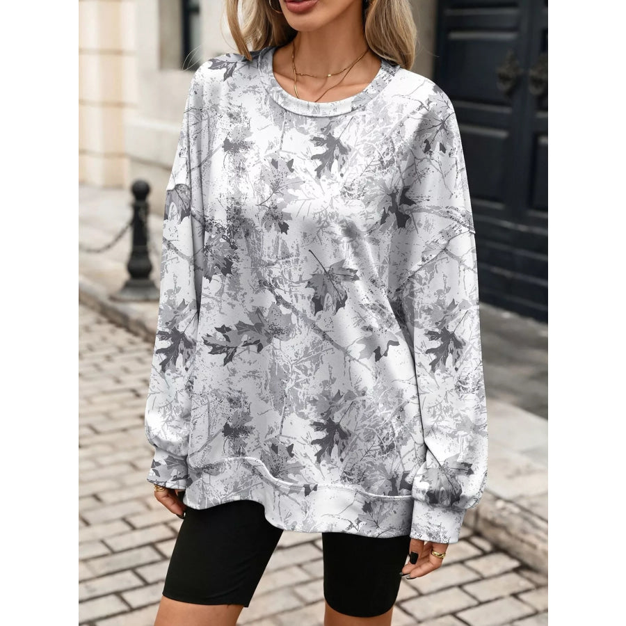 Printed Round Neck Sweatshirt White / S Apparel and Accessories