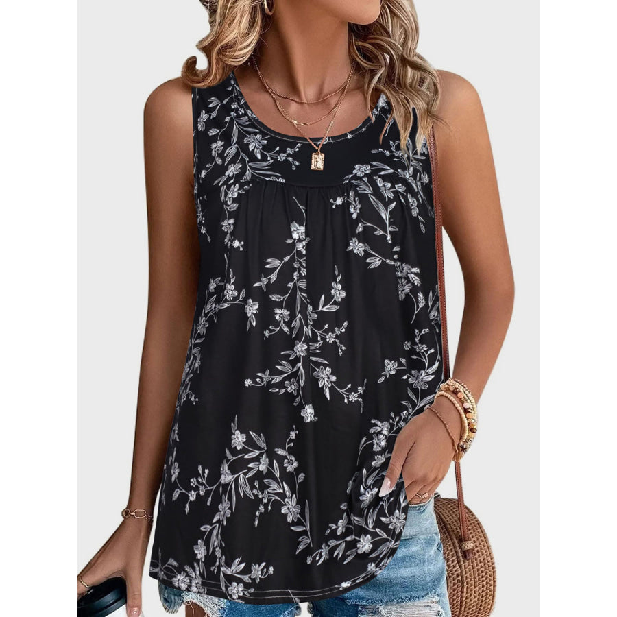 Printed Round Neck Tank Black / S Apparel and Accessories