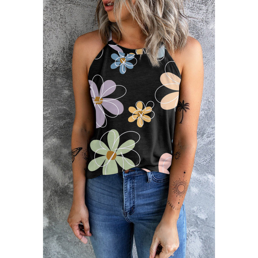 Printed Round Neck Tank Black / S Apparel and Accessories