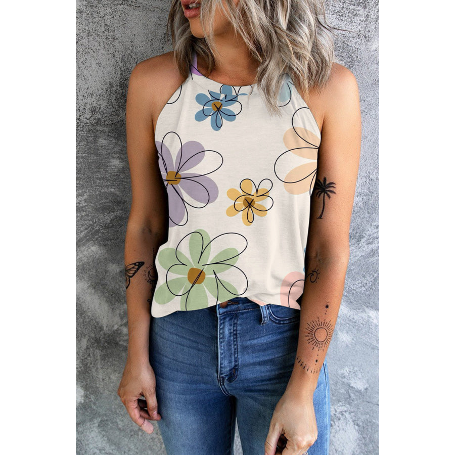 Printed Round Neck Tank Ivory / S Apparel and Accessories