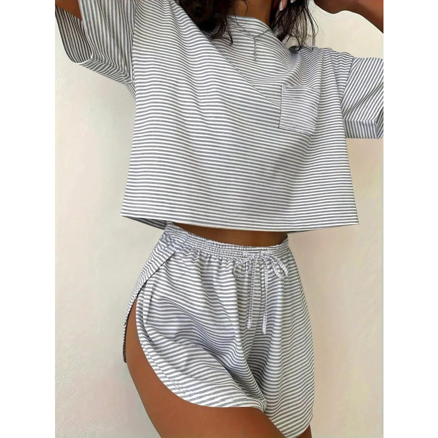 Printed Round Neck Tee and Shorts Set Gray / S Apparel and Accessories