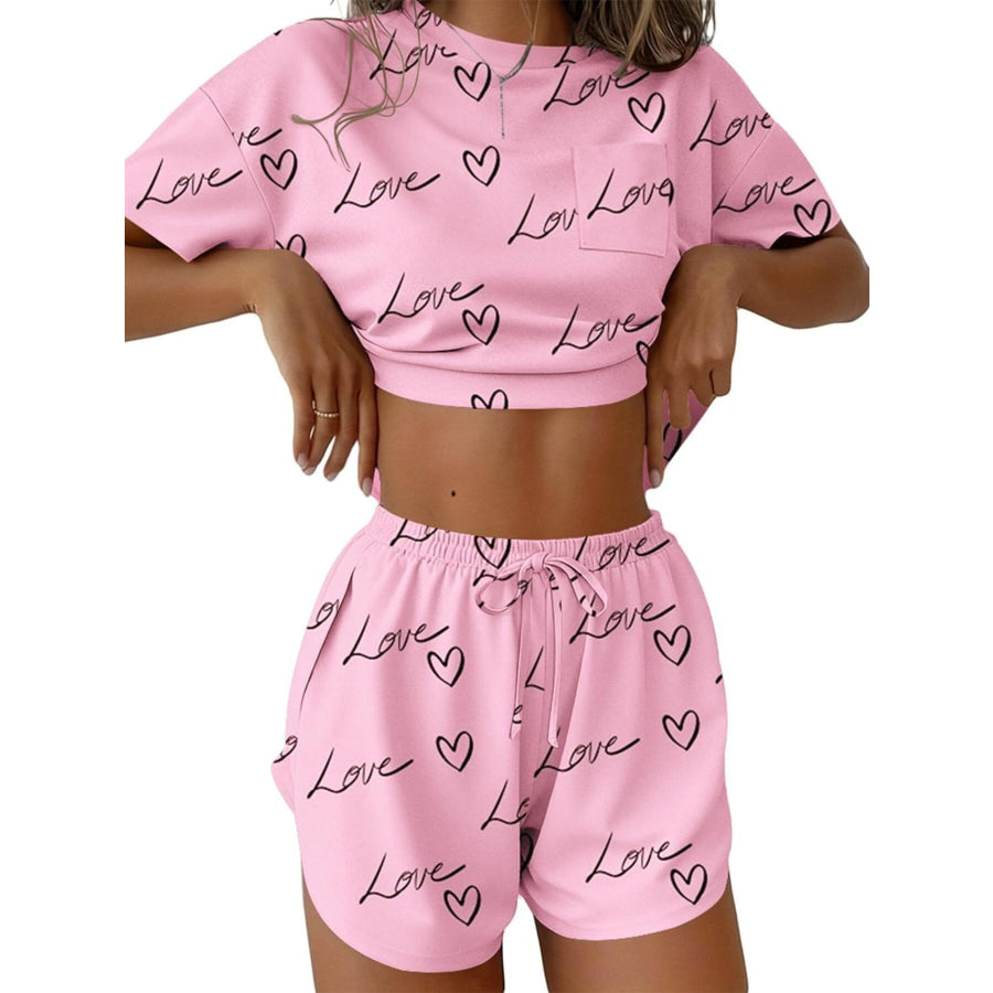 Printed Round Neck Tee and Shorts Set Pink / S Apparel and Accessories